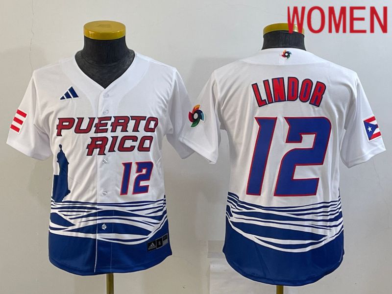 Women 2023 World Cub #12 Lindor White MLB Jersey1->women mlb jersey->Women Jersey